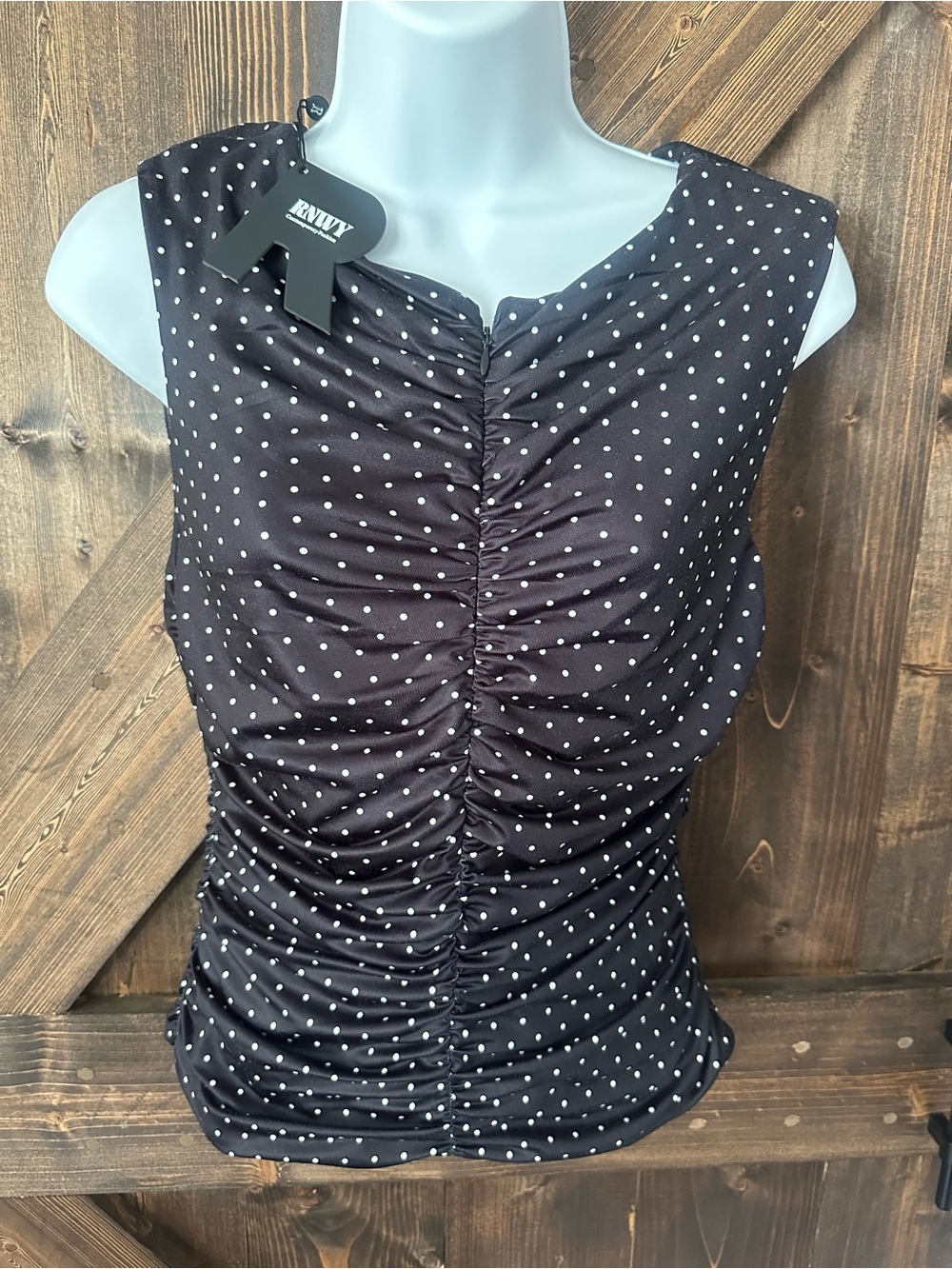 RNWY Black Polka Dot Ruched Tank Top